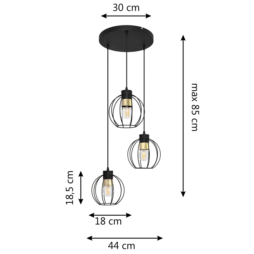 Luster na sajli STARLIGHT 3xE27/15W/230V crno/zlatna