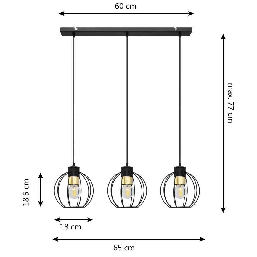 Luster na sajli STARLIGHT 3xE27/15W/230V crno/zlatna