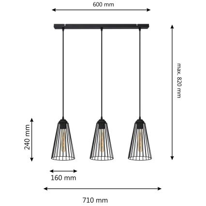 Luster na sajli TORRI 3xE27/15W/230V crno