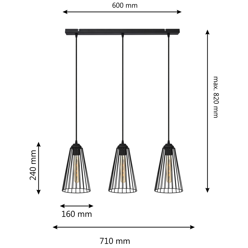 Luster na sajli TORRI 3xE27/15W/230V crno