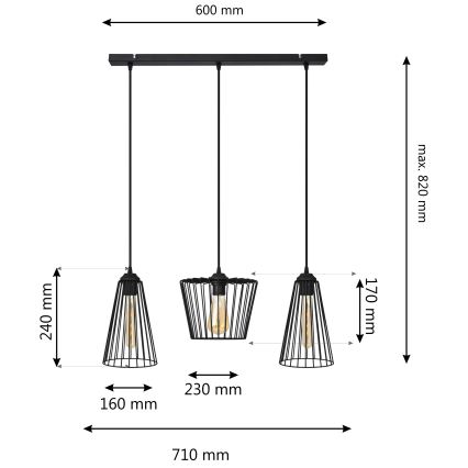 Luster na sajli TORRI 3xE27/15W/230V crno