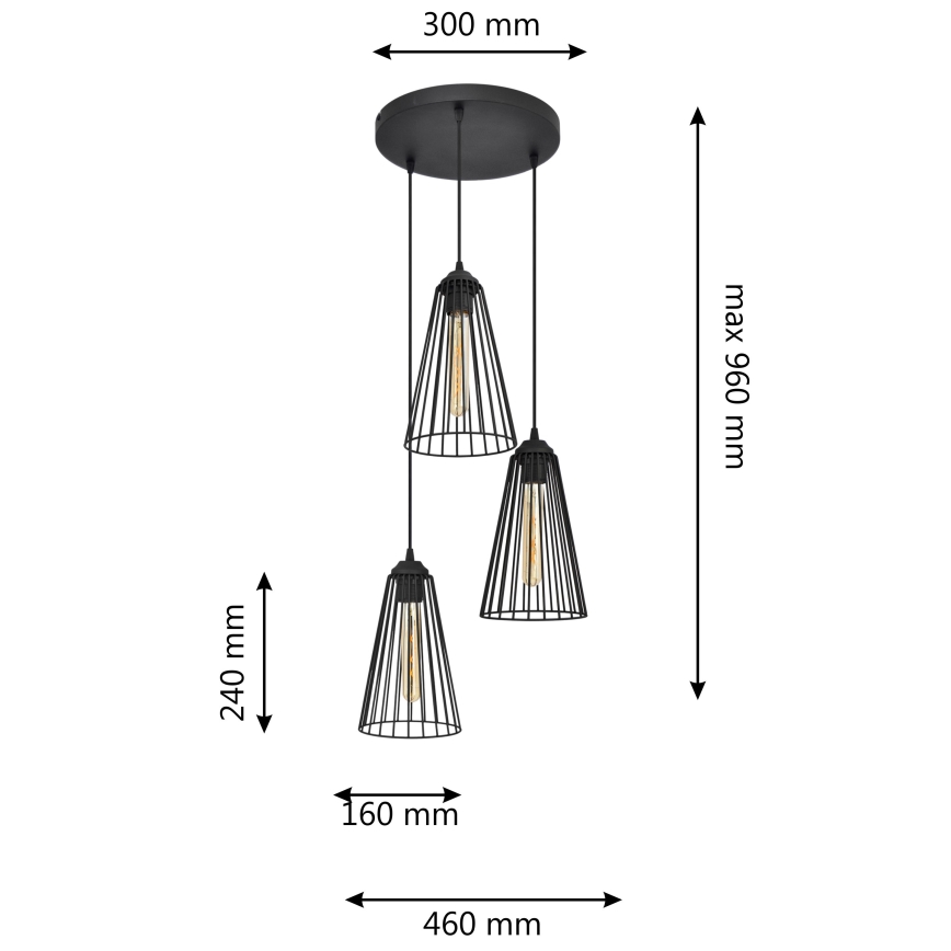Luster na sajli TORRI 3xE27/15W/230V crno