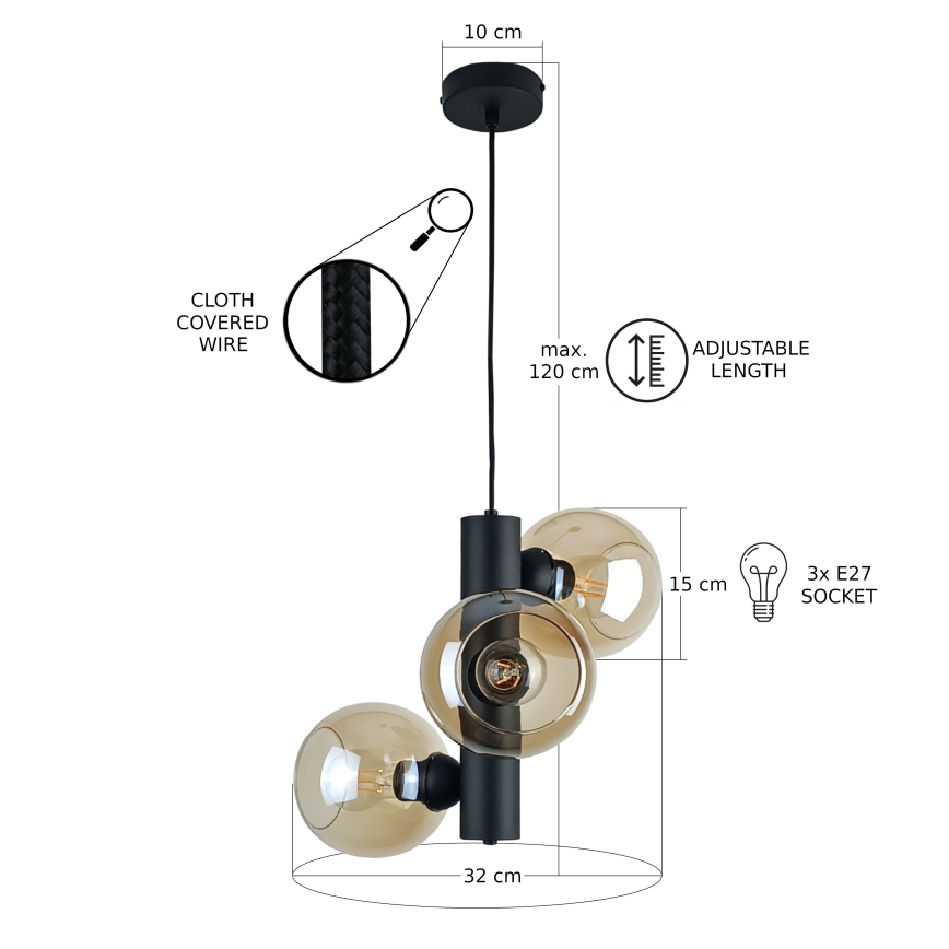 Luster na sajli TUBE 3xE27/60W/230V crno/dimno bež