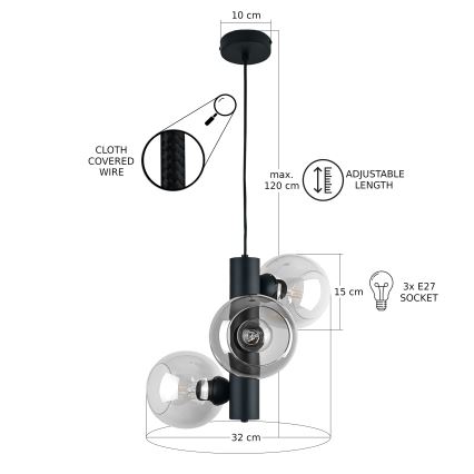 Luster na sajli TUBE 3xE27/60W/230V crno/prozirna