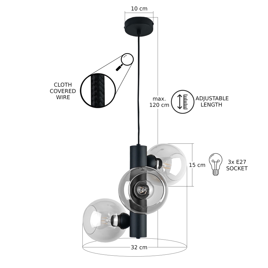 Luster na sajli TUBE 3xE27/60W/230V crno/prozirna