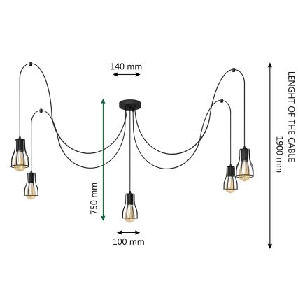 Luster na sajli TUBE 5xE27/15W/230V pauk crno