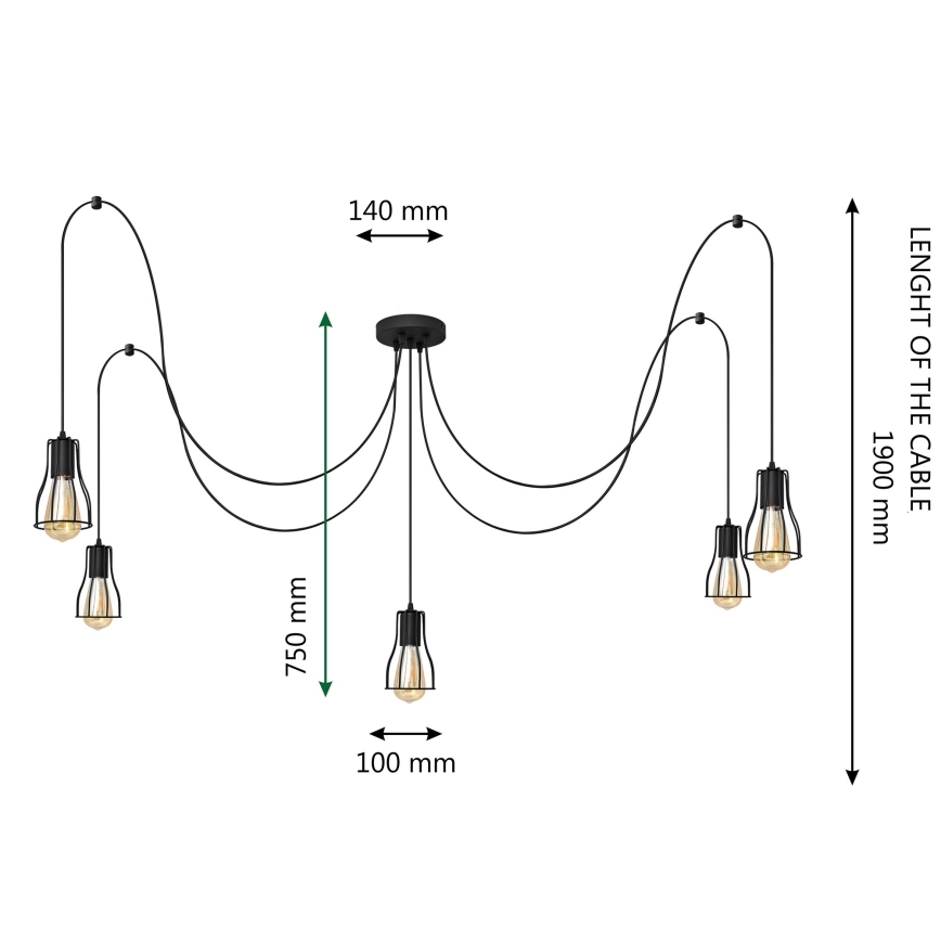 Luster na sajli TUBE 5xE27/15W/230V pauk crno
