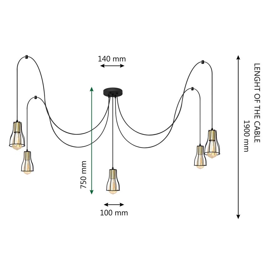 Luster na sajli TUBE 5xE27/15W/230V pauk crno/sjajni krom
