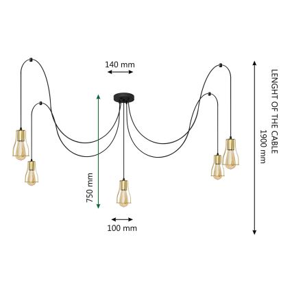 Luster na sajli TUBE 5xE27/15W/230V pauk crno/zlatna