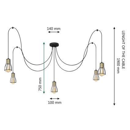 Luster na sajli TUBE 5xE27/15W/230V pauk crno/zlatna