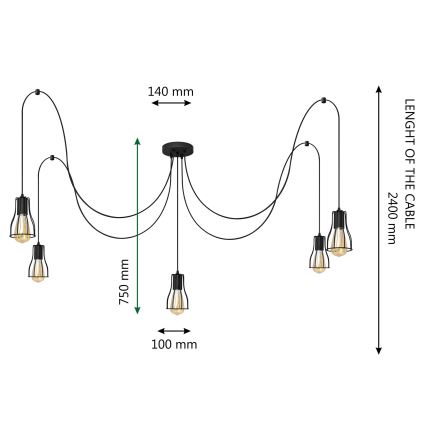 Luster na sajli TUBE LONG 5xE27/10W/230V crno