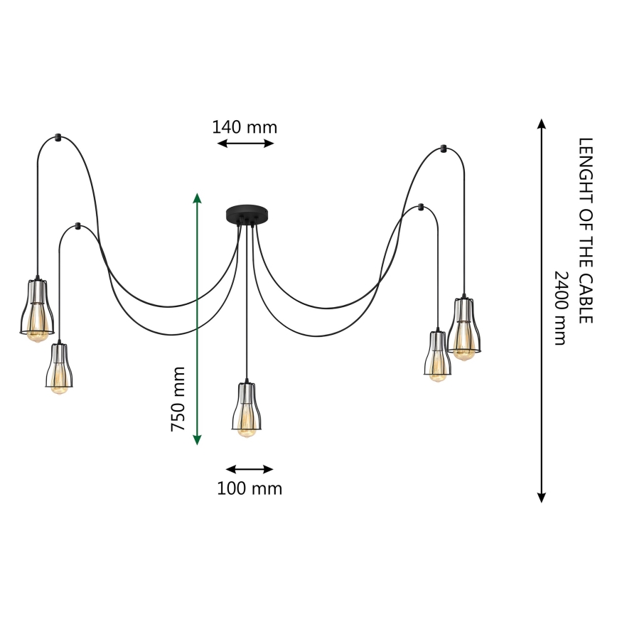 Luster na sajli TUBE LONG 5xE27/15W/230V crno/sjajni krom