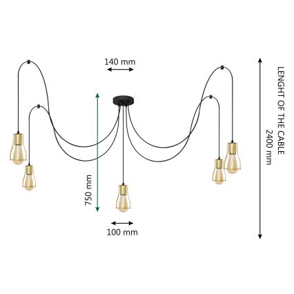 Luster na sajli TUBE LONG 5xE27/15W/230V crno/zlatna
