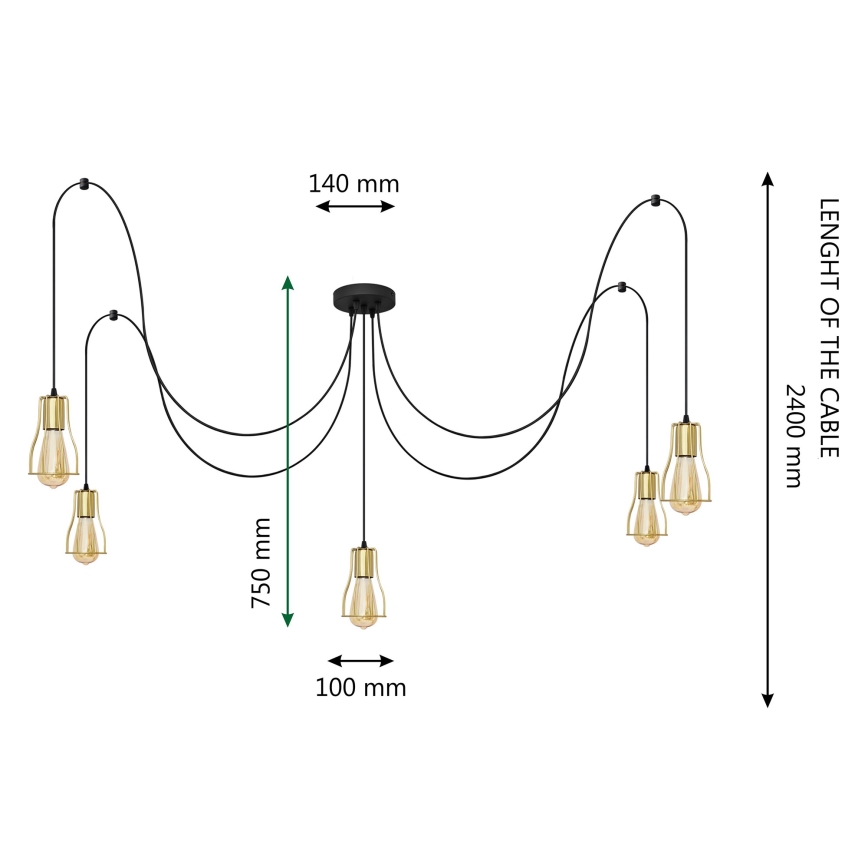 Luster na sajli TUBE LONG 5xE27/15W/230V crno/zlatna