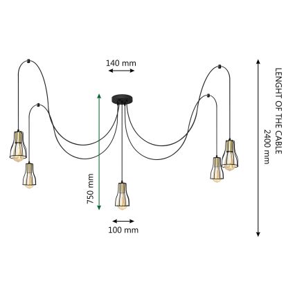 Luster na sajli TUBE LONG 5xE27/15W/230V crno/zlatna