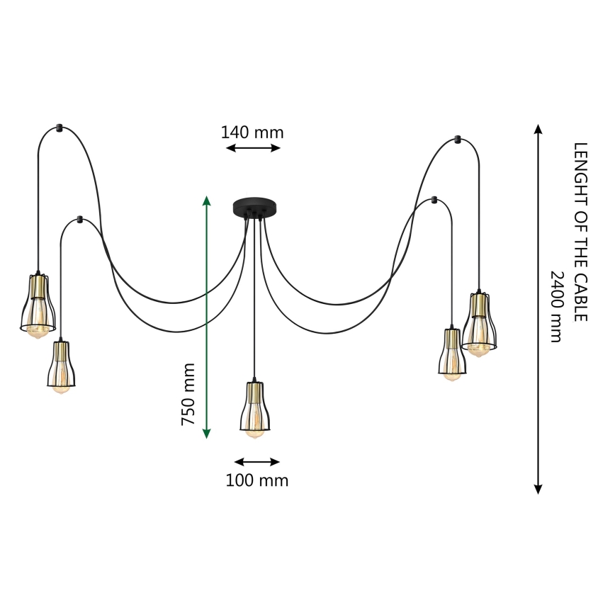 Luster na sajli TUBE LONG 5xE27/15W/230V crno/zlatna