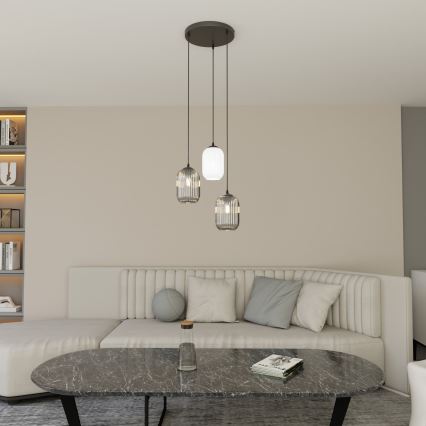 Luster na sajli VERDI 3xE27/15W/230V pr. 30 cm crno/sivo/bela
