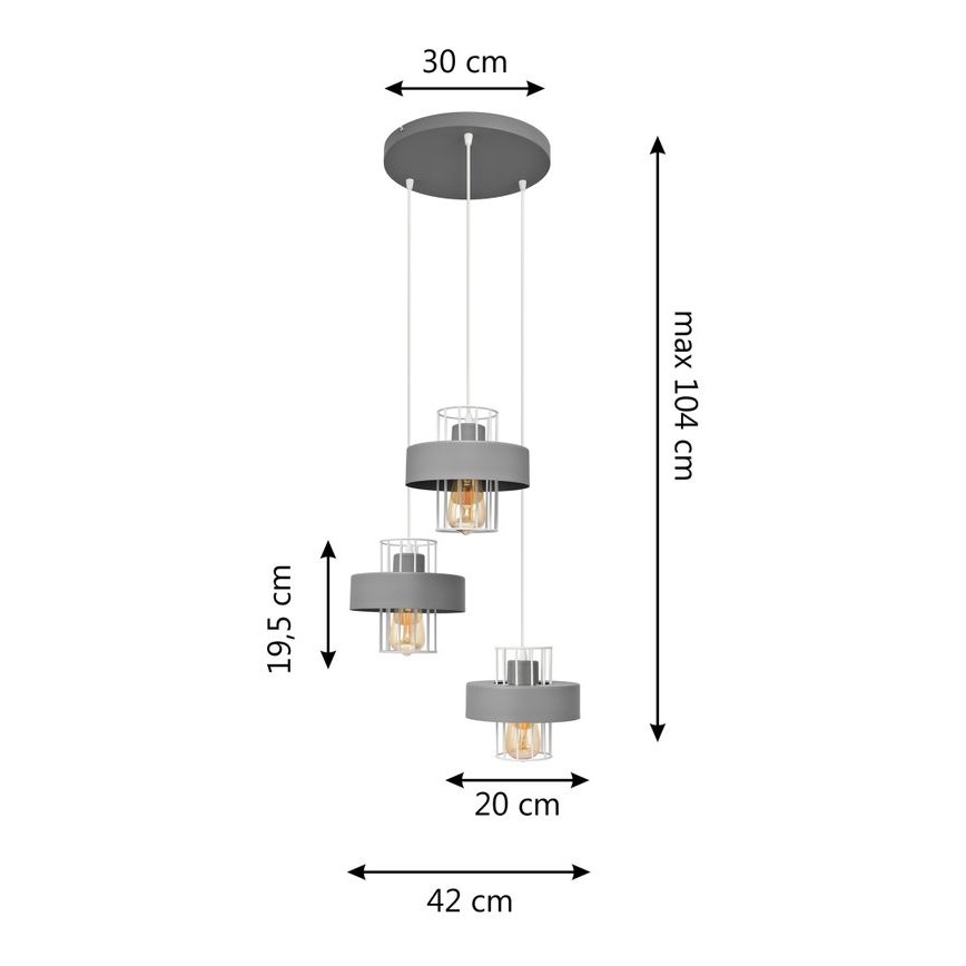 Luster na sajli VOLTA 3xE27/15W/230V pr. 42 cm sivo