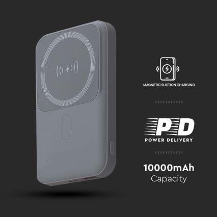 Power Bank magnetična sa bežičnim punjenjem Power Delivery 10 000mAh/20W/3,7V siva