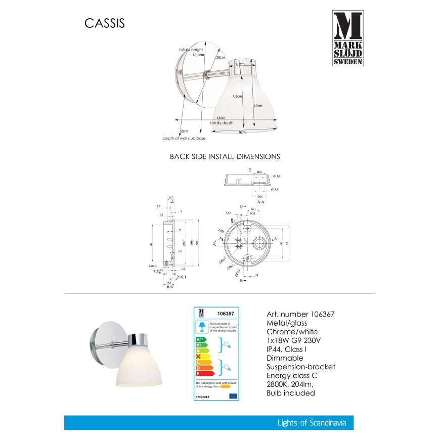 Markslöjd 106367 - Zidna lampa CASSIS 1xG9/18W/230V