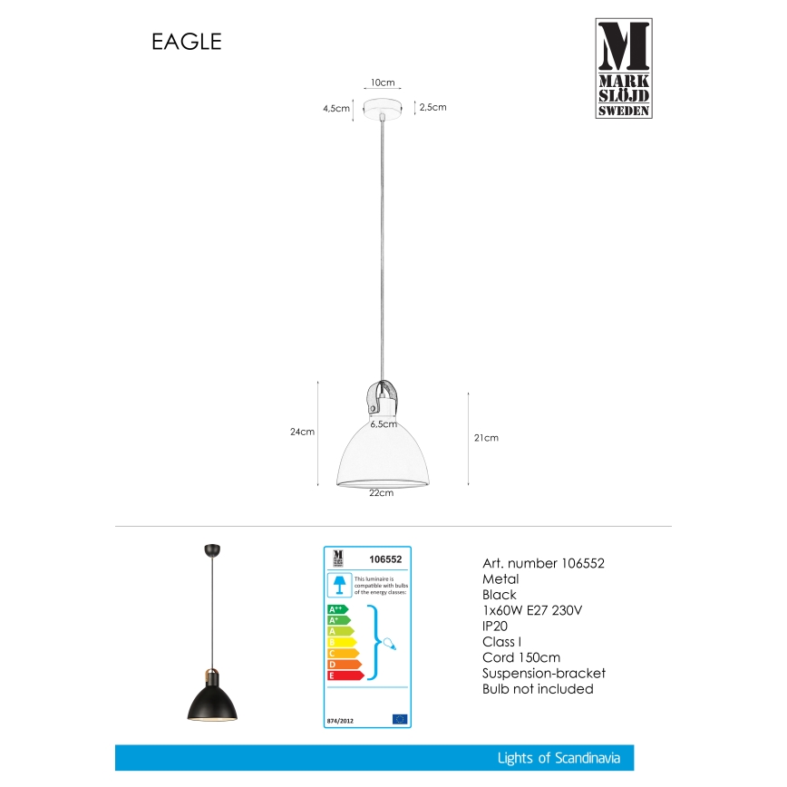 Markslöjd 106552 - Luster na sajli EAGLE 1xE27/60W/230V crno