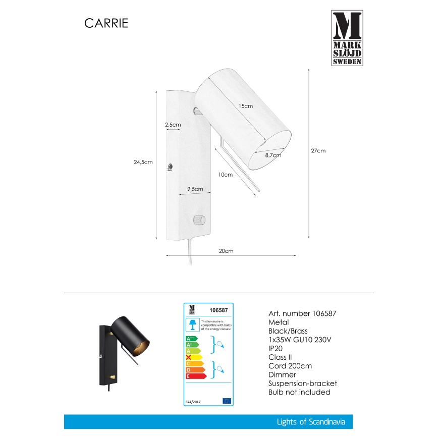 Markslöjd 106587 - prigušiva zidna svetiljka CARRIE 1xGU10/35W/230V crna