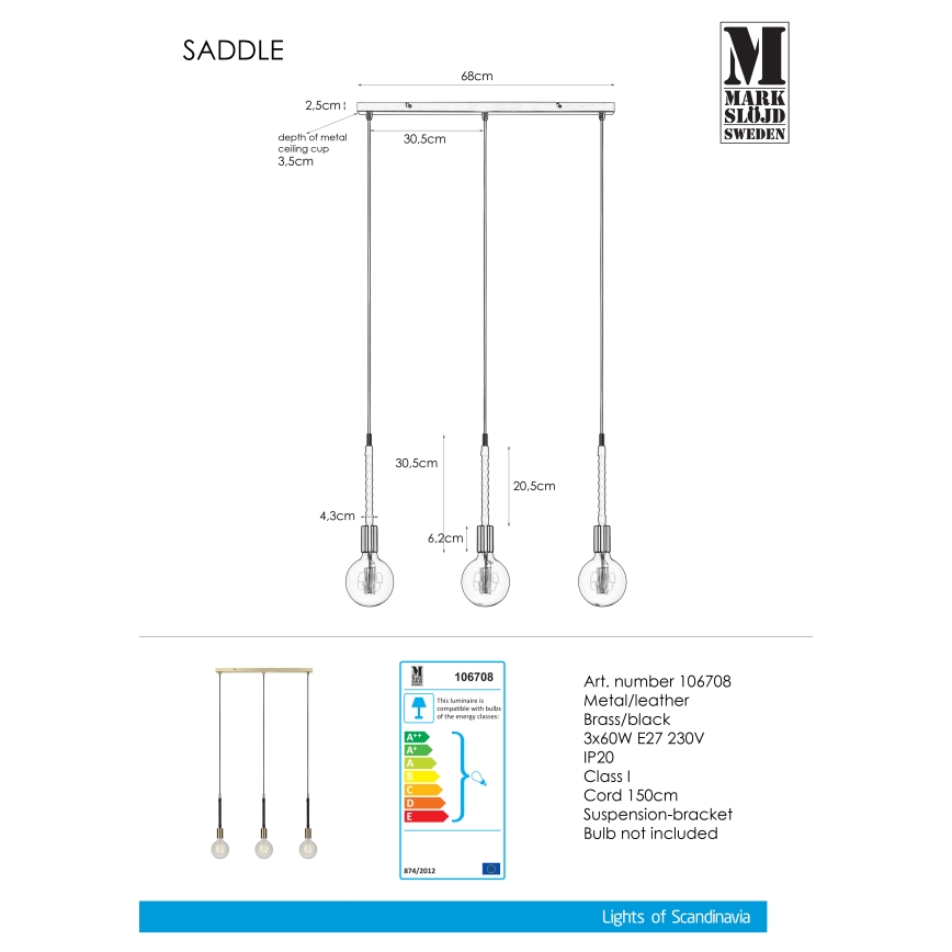 Markslöjd 106708 - Luster na sajli SEDLO 3xE27/60W/230V