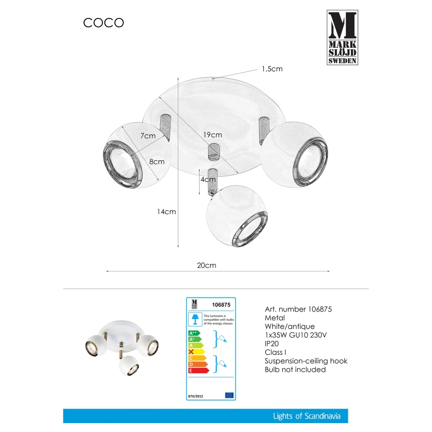 Markslöjd 106875 - Plafonjera COCO 3xGU10/35W/230V bela