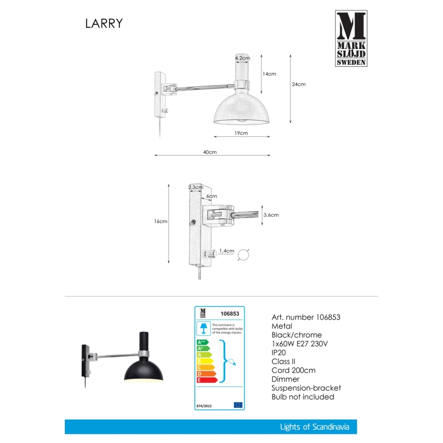 Markslöjd 106970 - Prigušiva zidna svetiljka LARRY 1xE27/60W/230V