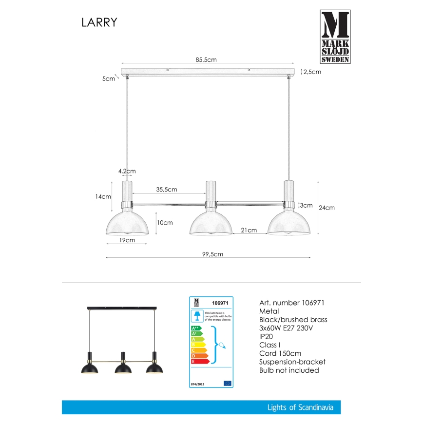 Markslöjd 106971 - Luster na sajli LARRY 3xE27/60W/230V crno/zlatna