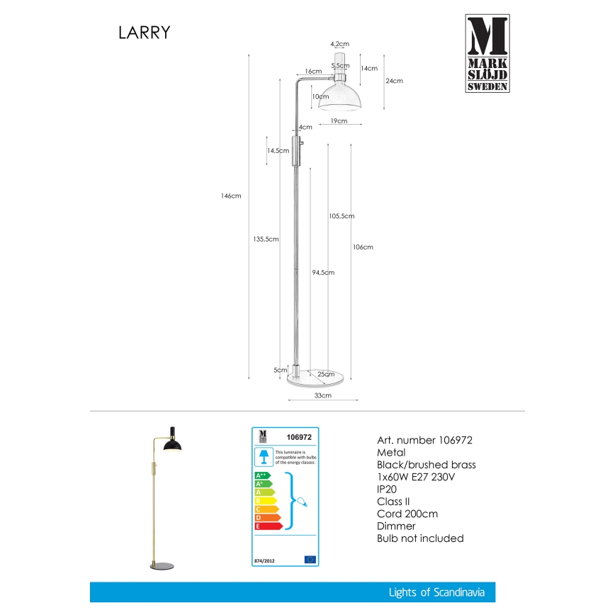 Markslöjd 106972 - Stojna lampa za prigušivanje LARRY 1xE27/60W/230V crno/zlatna
