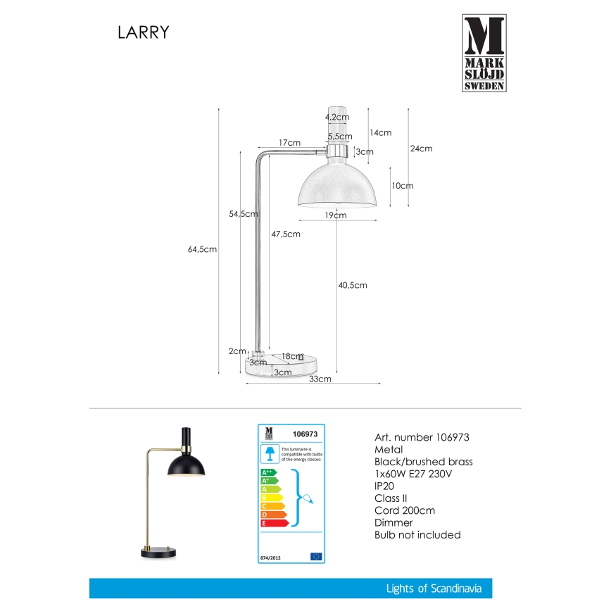 Markslöjd 106973 - Stona lampa za prigušivanje LARRY 1xE27/60W/230V crno/zlatna
