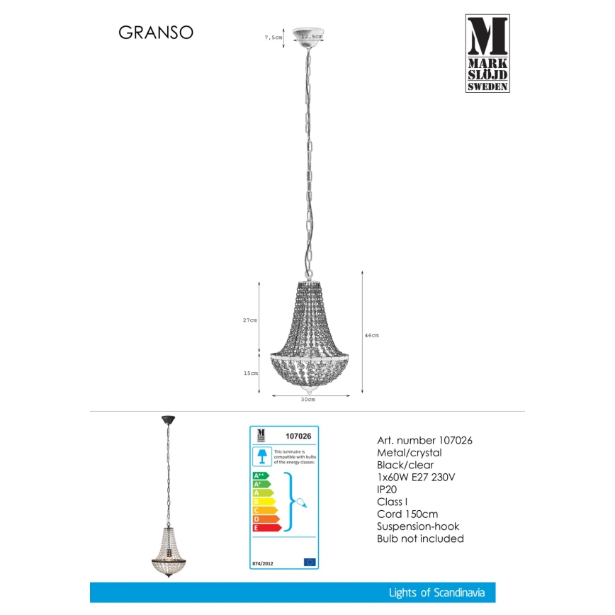 Markslöjd 107026 - Kristalni luster na lancu GRÄNSÖ 1xE27/60W/230V