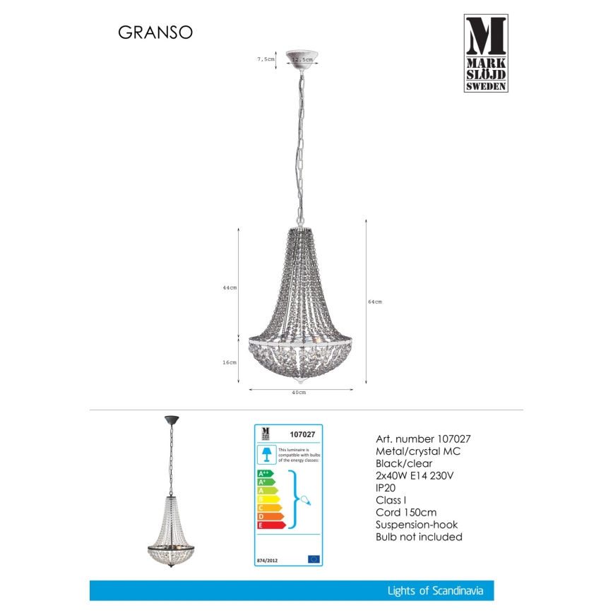 Markslöjd 107027 - Kristalni luster na lancu GRÄNSÖ 2xE14/40W/230V