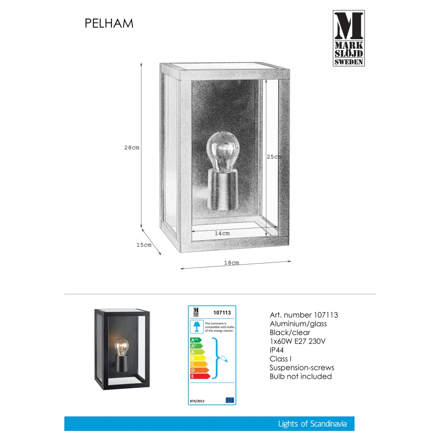 Markslöjd 107113 - Spoljašnja zidna lampa PELHAM 1xE27/60W/230V IP44 crno