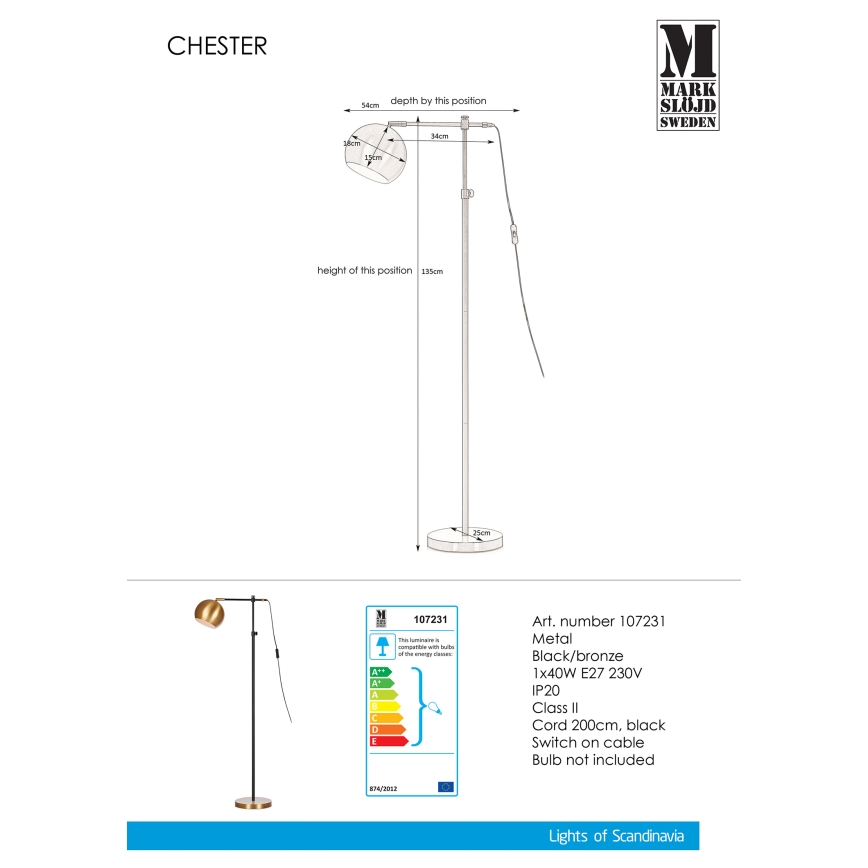 Markslöjd 107231 - Podna lampa CHESTER 1xE27/40W/230V crno/bronzana