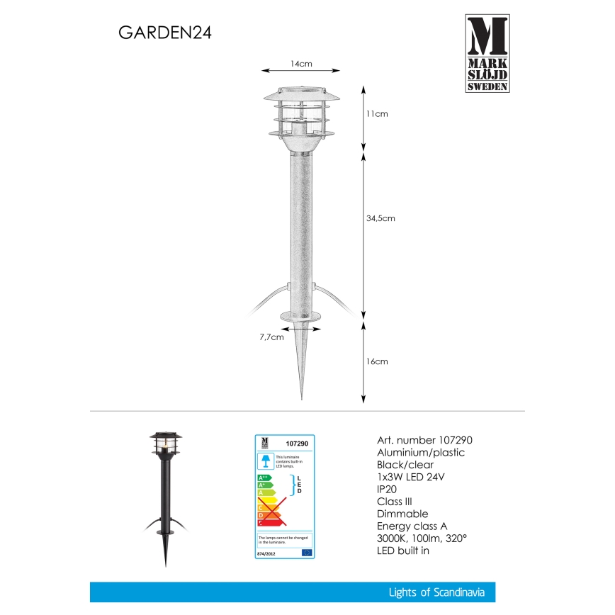 Markslöjd 107290 - LED Spoljna lampa GARDEN 24 LED/3W/24V 45 cm IP44 crno