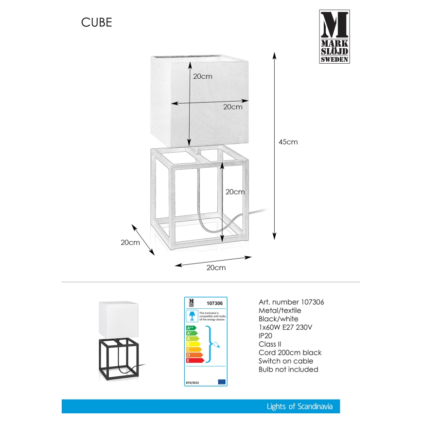 Markslöjd 107306 - Stona lampa CUBE 1xE27/60W/230V
