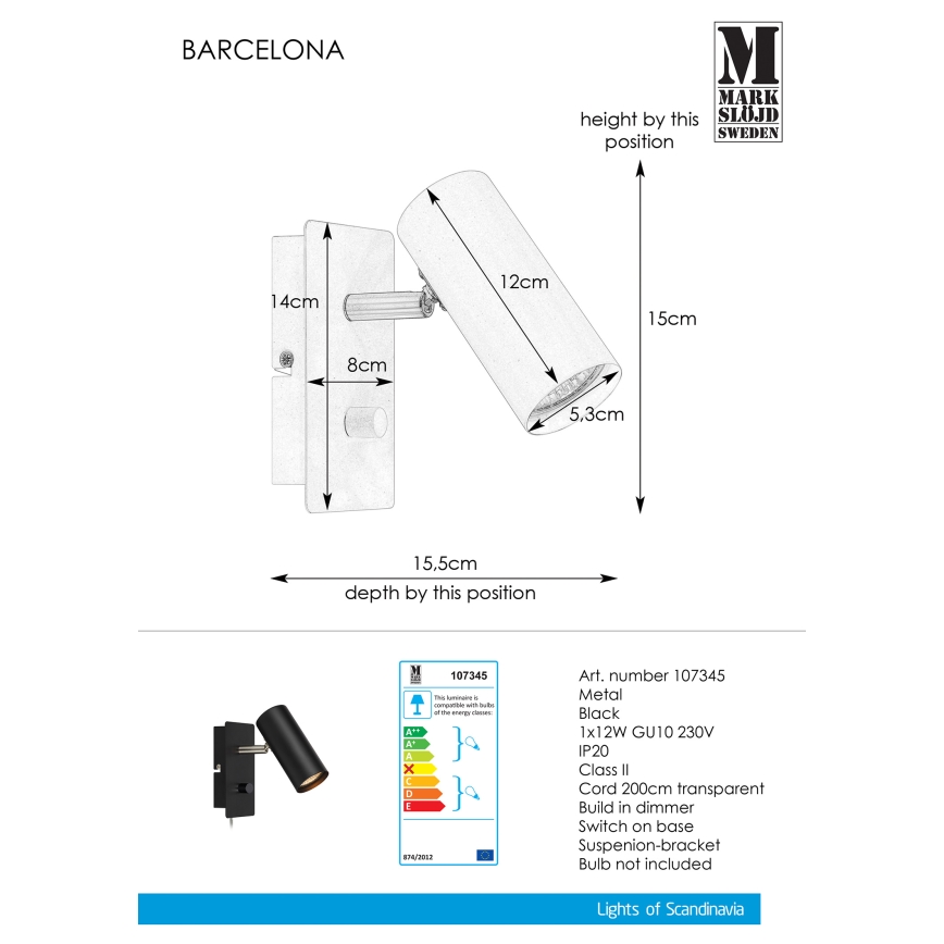 Markslöjd 107345 - Prigušiva zidna reflektorska svetiljka BARCELONA 1xGU10/12W/230V