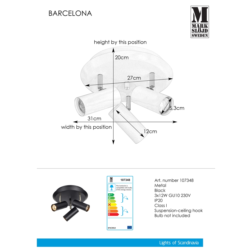 Markslöjd 107348 - Reflektorska lampa BARCELONA 3xGU10/12W/230V