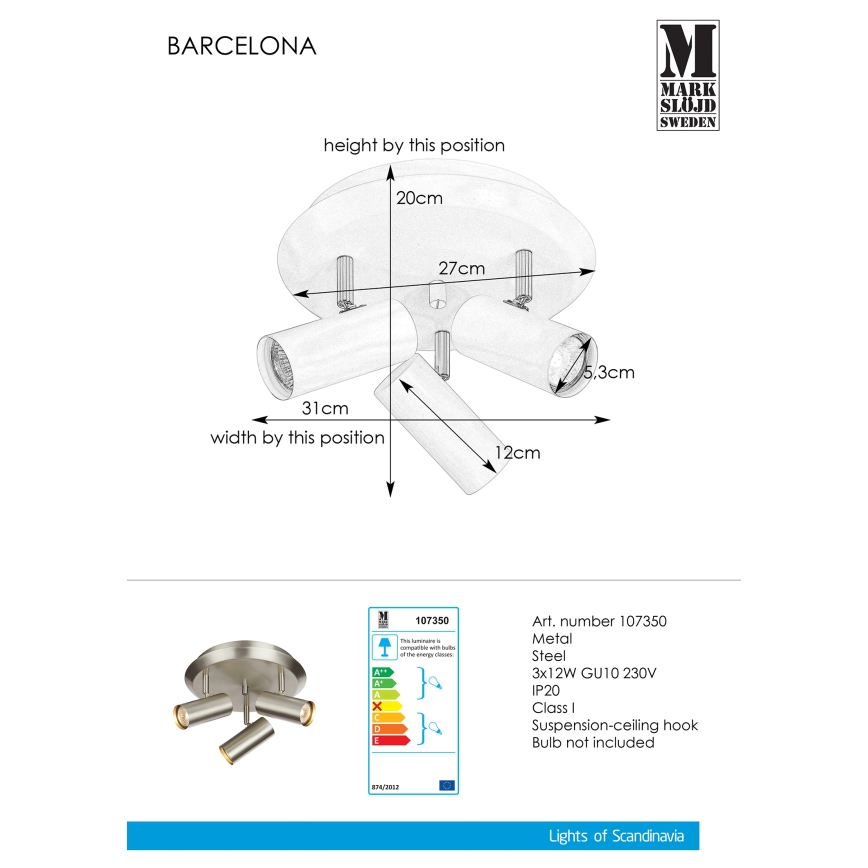 Markslöjd 107350 - Reflektorska lampa BARCELONA 3xGU10/12W/230V