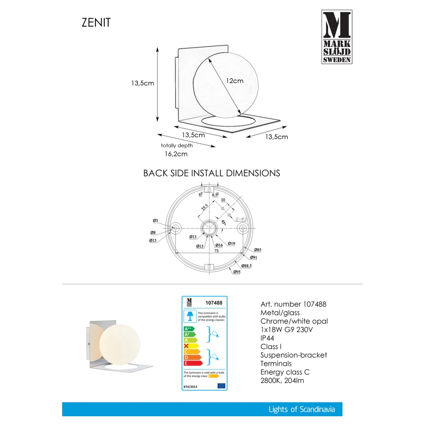 Markslöjd 107488 - Zidna lampa za kupatilo ZENIT 1xG9/18W/230V IP44