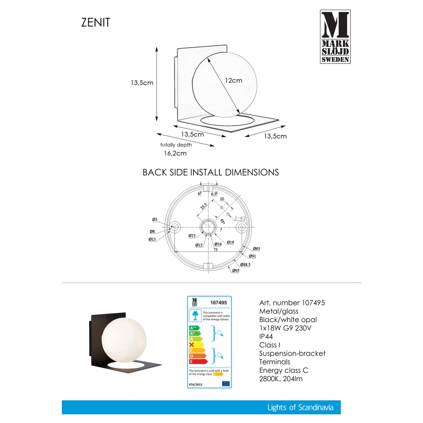 Markslöjd 107495 - Zidna lampa za kupatilo ZENIT 1xG9/18W/230V IP44