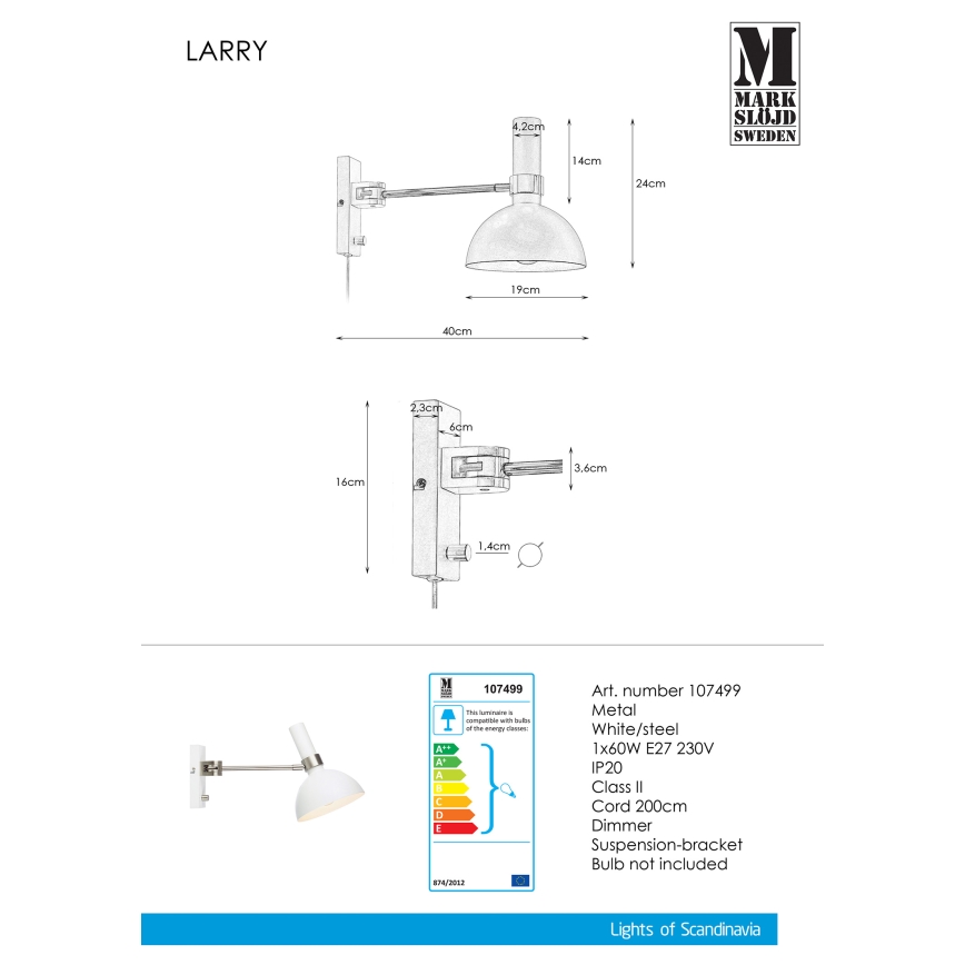 Markslöjd 107499 - Prigušiva zidna lampa LARRY 1xE27/60W/230V
