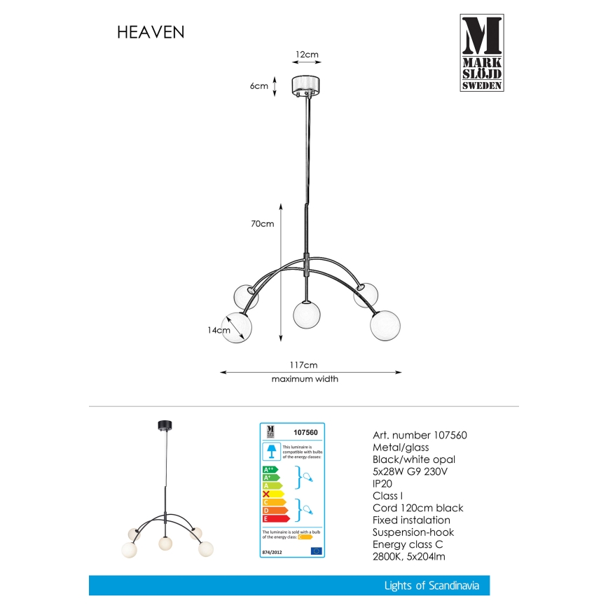 Markslöjd 107560 - Luster na sajli HEAVEN 5xG9/28W/230V