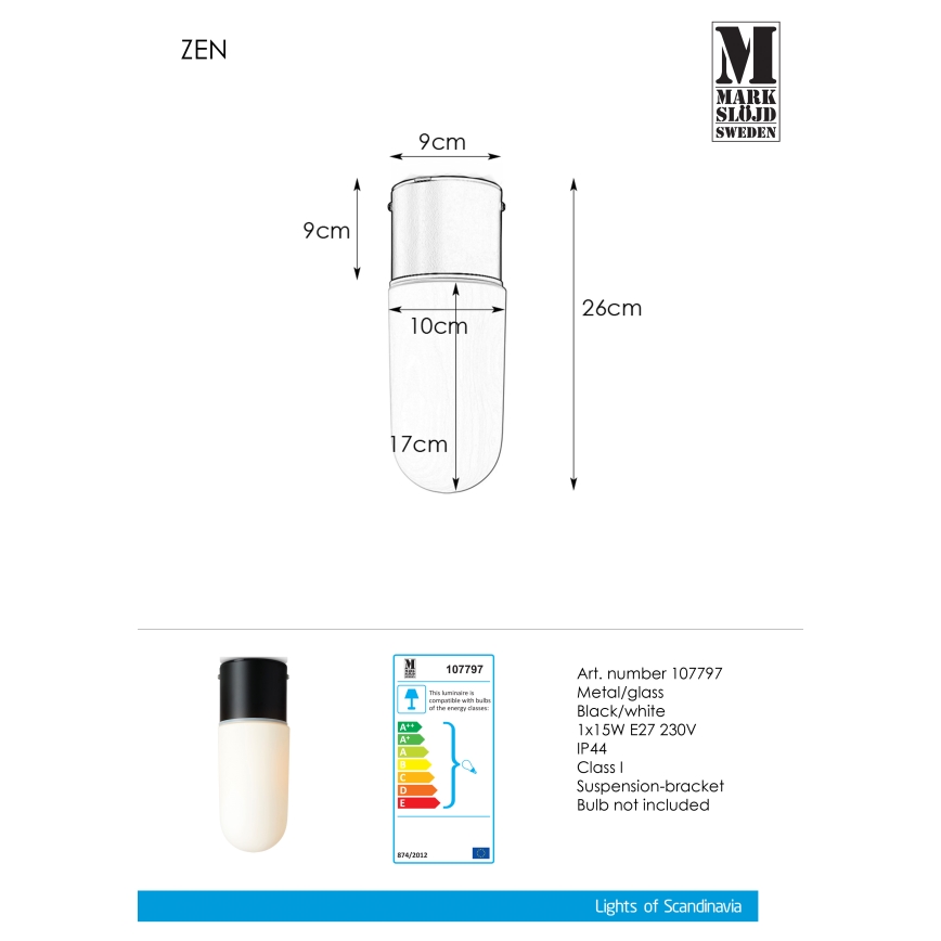 Markslöjd 107797 - Plafonjera za kupatilo ZEN 1xE27/15W/230V IP44