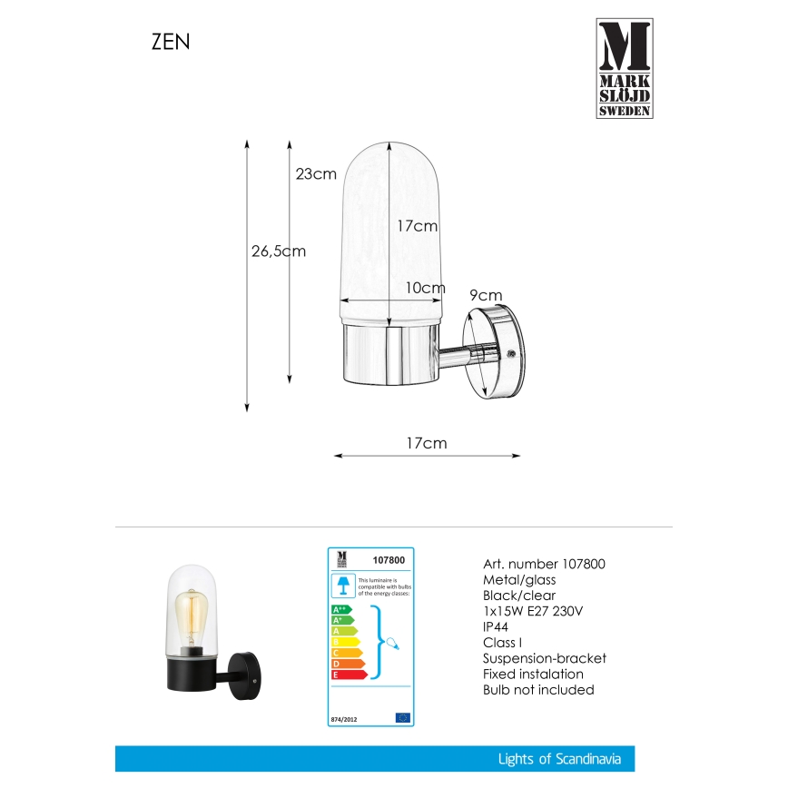 Markslöjd 107800 - Zidna lampa za kupatilo ZEN 1xE27/15W/230V IP44