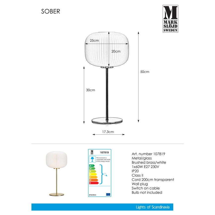 Markslöjd 107819 - Stona lampa SOBER 1xE27/60W/230V bela/mesing