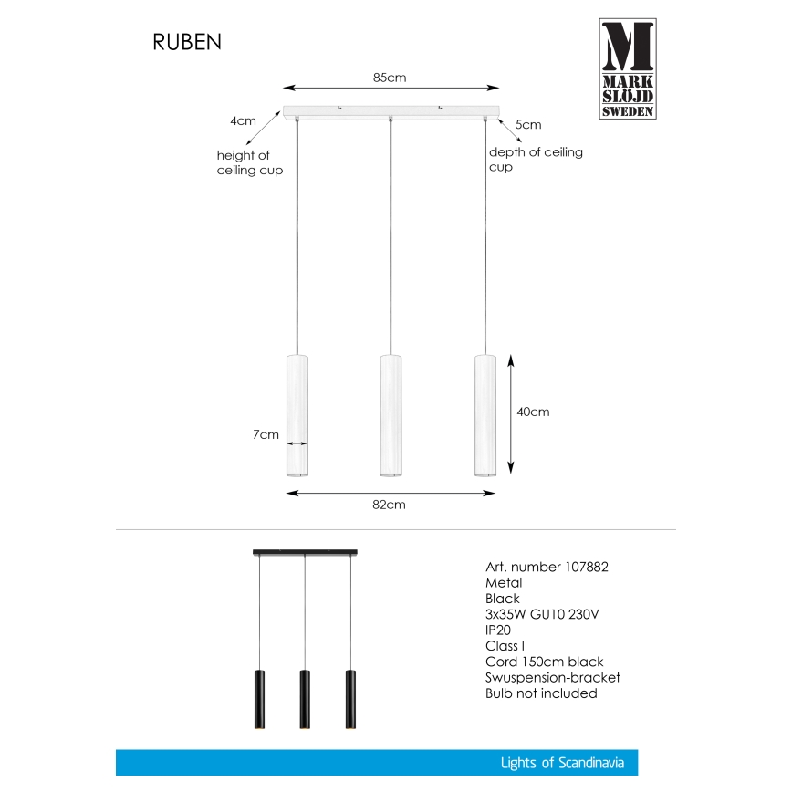 Markslöjd 107882 - Luster na sajli RUBEN 3xGU10/35W/230V