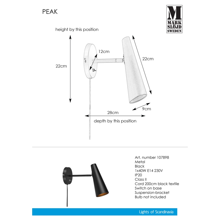 Markslöjd 107898 - Zidna lampa PEAK 1xE14/40W/230V